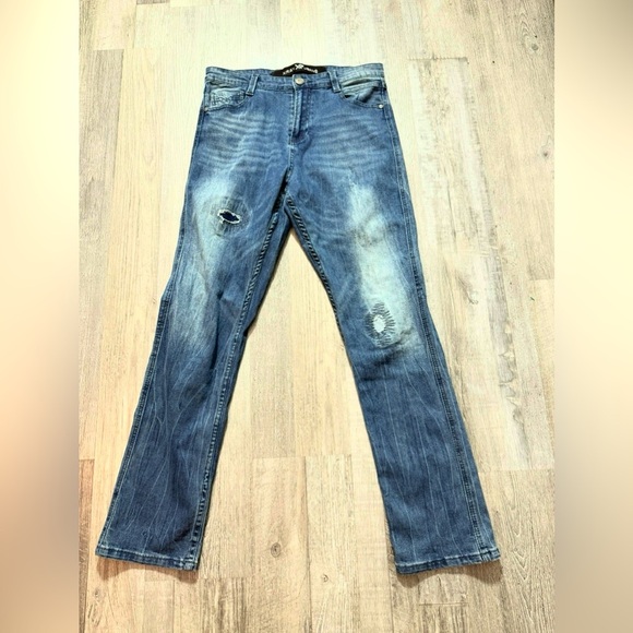 Blue Straight-Leg Jeans with Distressed Details